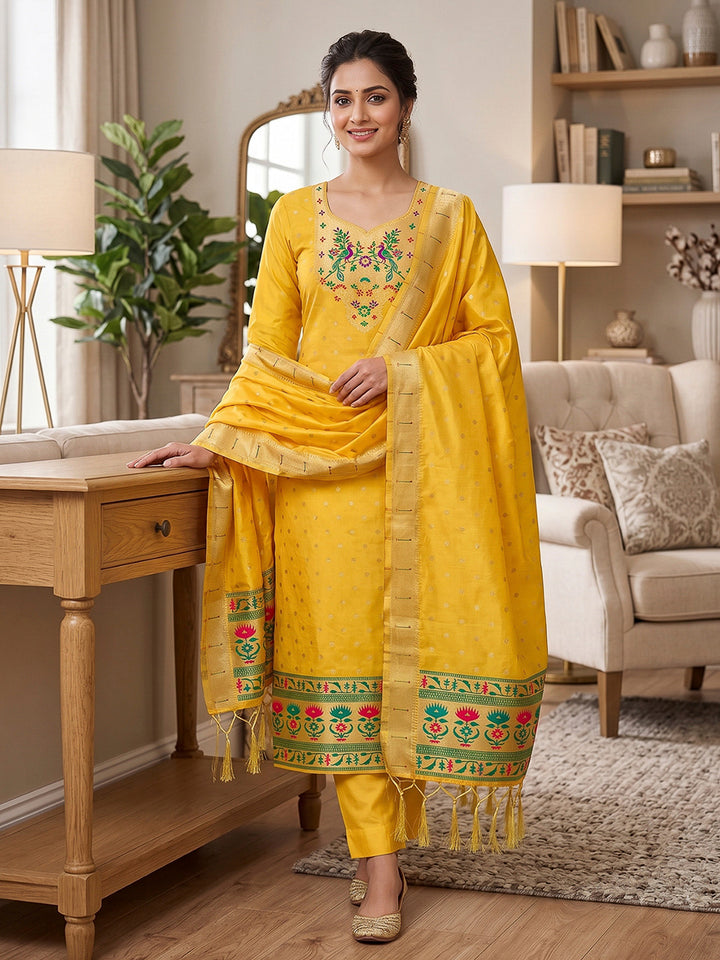 Yellow Pure Soft Banarasi Silk Woven Design Unstitched Dress Material