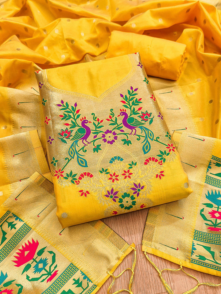Yellow Pure Soft Banarasi Silk Woven Design Unstitched Dress Material