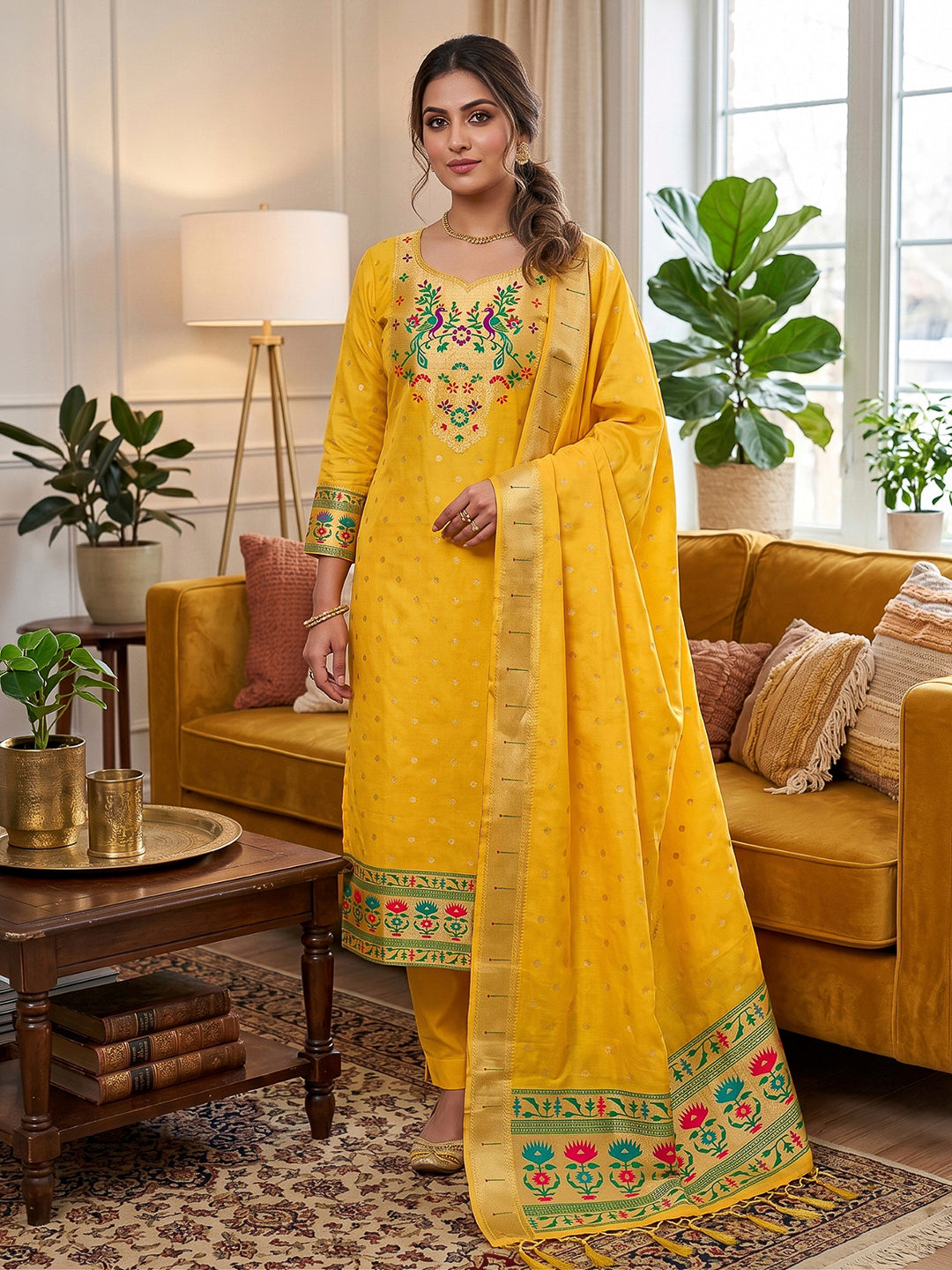 Yellow Pure Soft Banarasi Silk Woven Design Unstitched Dress Material