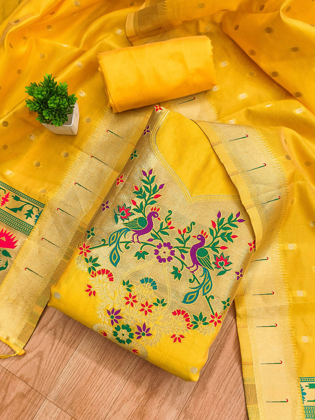 Yellow Pure Soft Banarasi Silk Woven Design Unstitched Dress Material