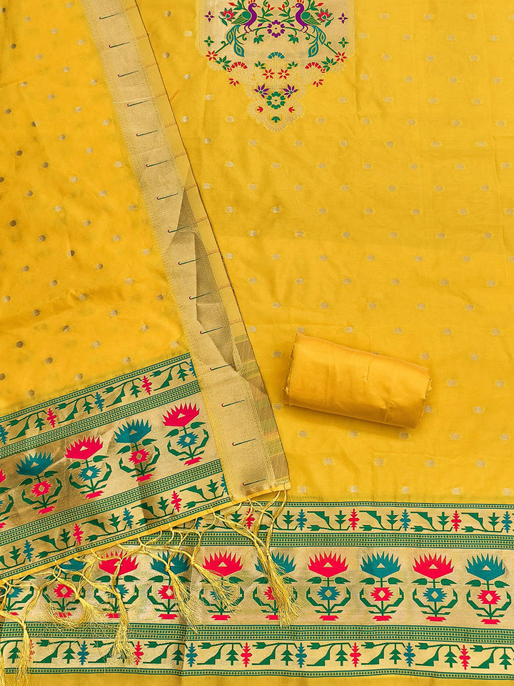 Yellow Pure Soft Banarasi Silk Woven Design Unstitched Dress Material