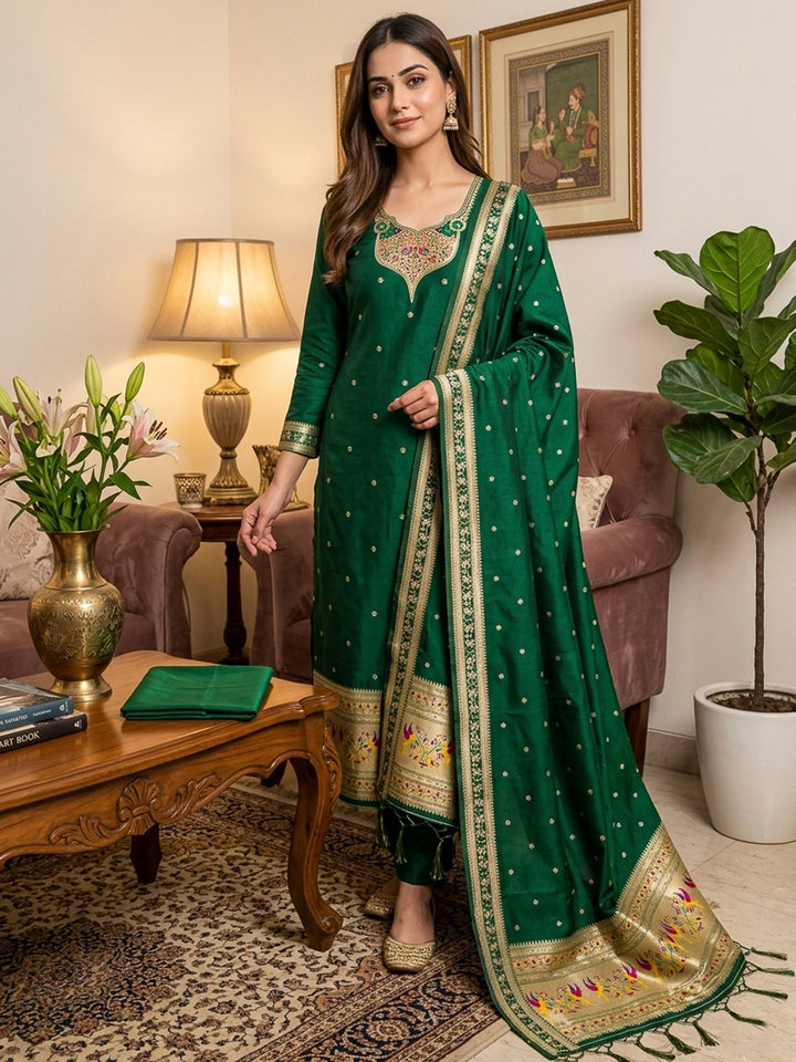 Bottle-Green Pure Soft Banarasi Silk Woven Design Unstitched Dress Material