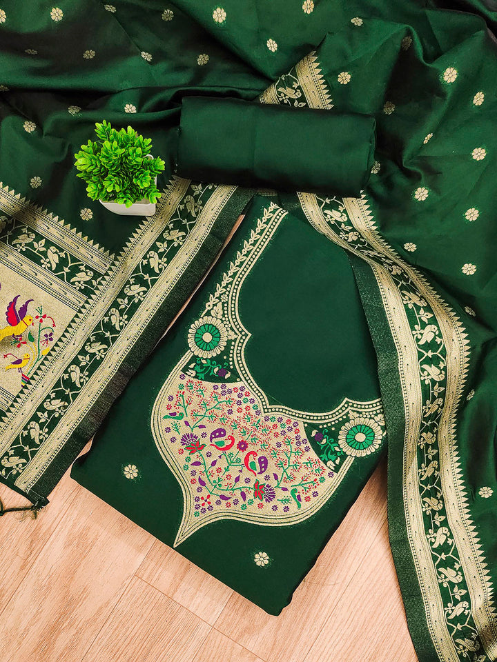 Bottle-Green Pure Soft Banarasi Silk Woven Design Unstitched Dress Material