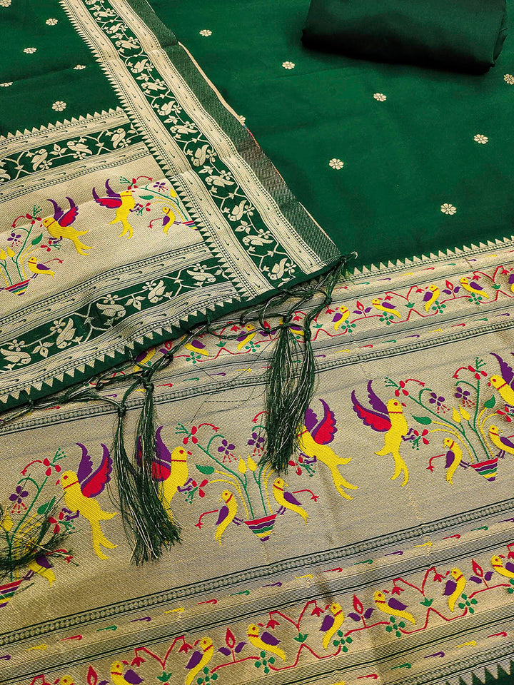 Bottle-Green Pure Soft Banarasi Silk Woven Design Unstitched Dress Material