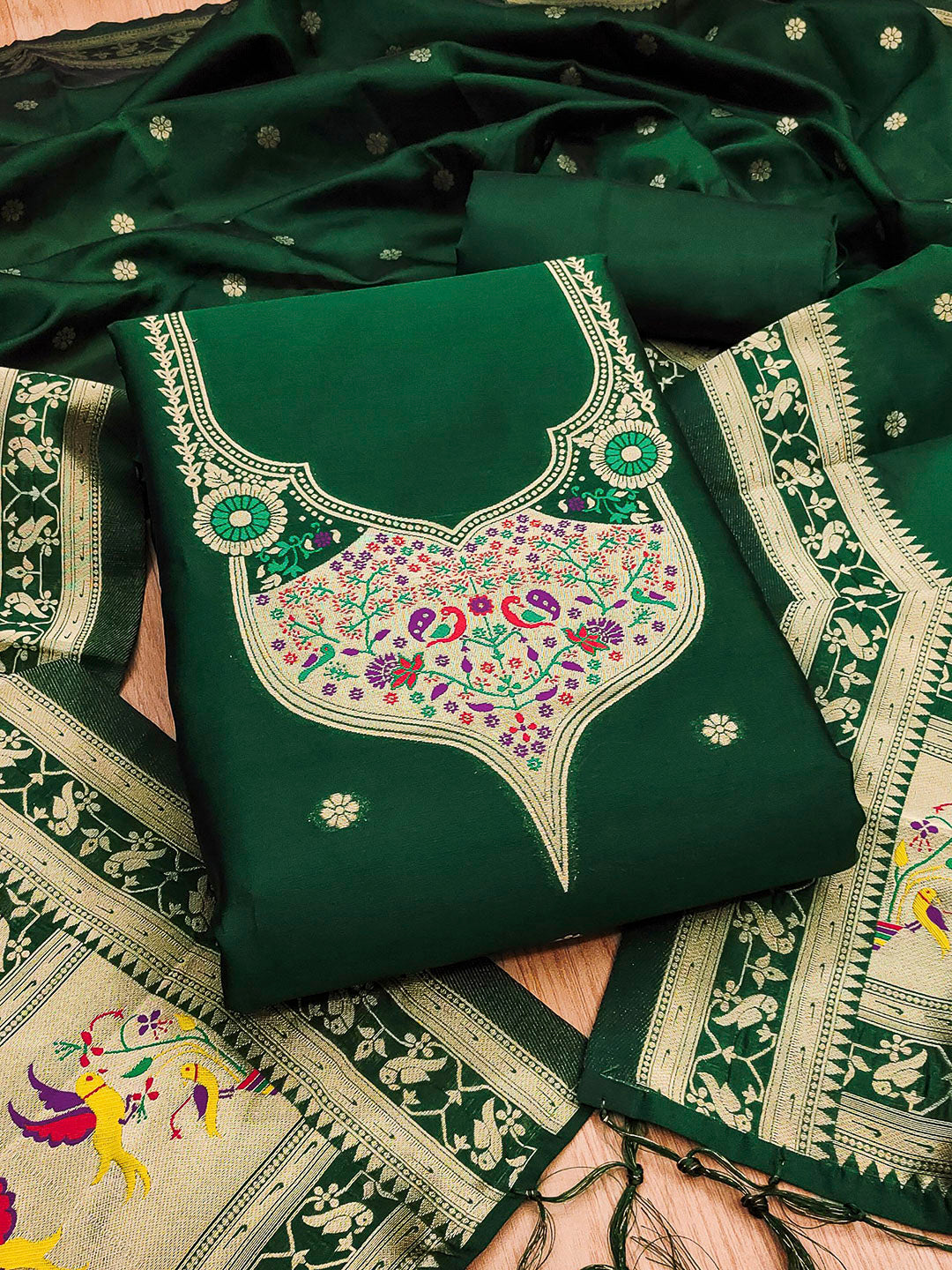 Bottle-Green Pure Soft Banarasi Silk Woven Design Unstitched Dress Material