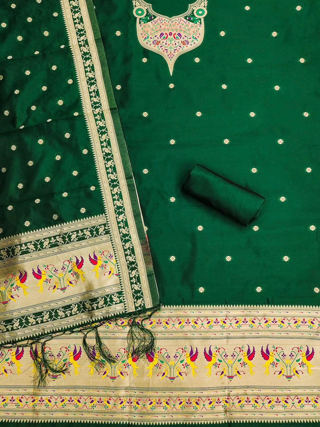 Bottle-Green Pure Soft Banarasi Silk Woven Design Unstitched Dress Material