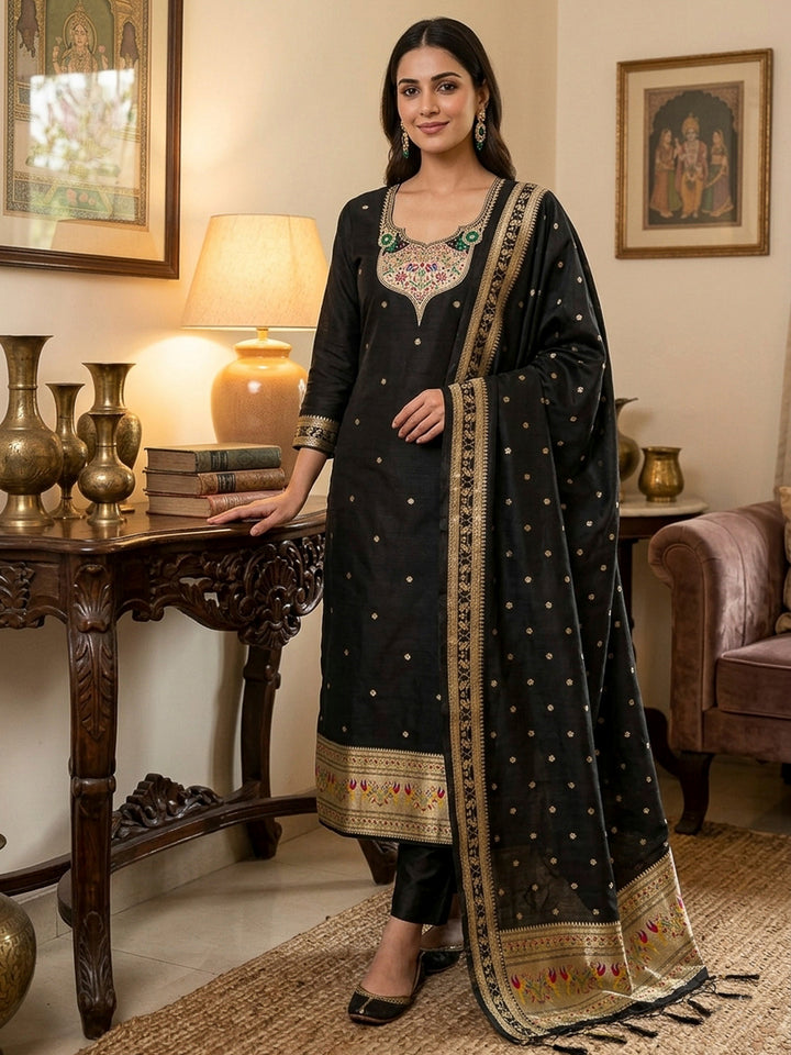 Black Pure Soft Banarasi Silk Woven Design Unstitched Dress Material