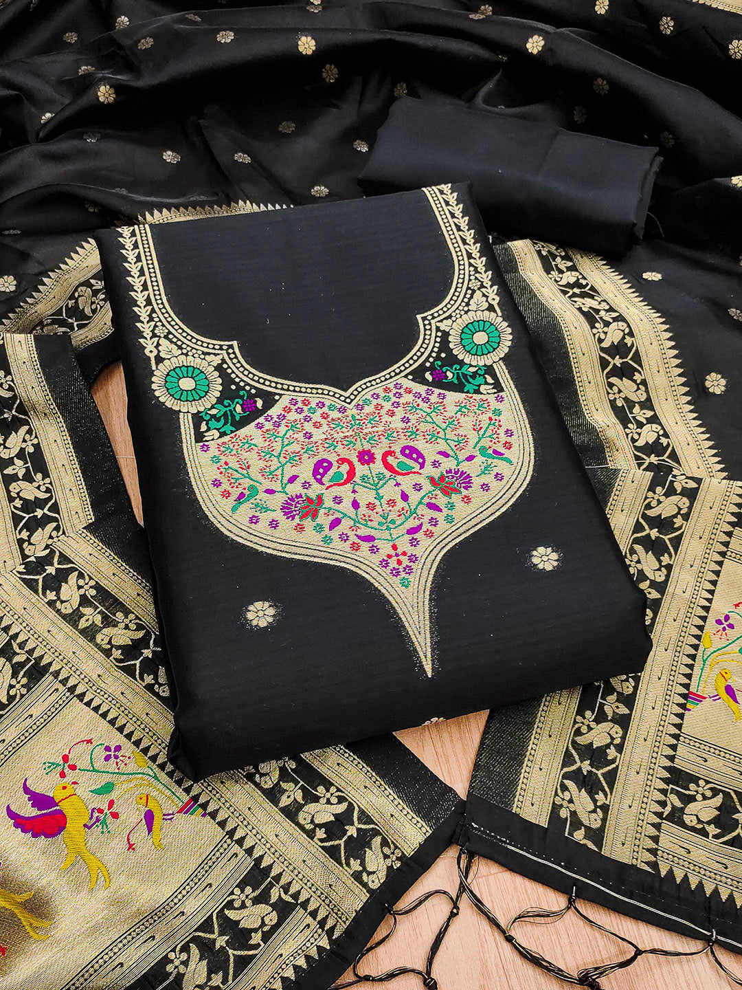 Black Pure Soft Banarasi Silk Woven Design Unstitched Dress Material