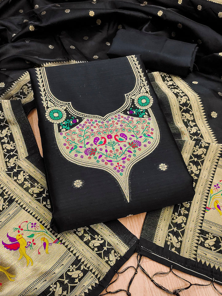 Black Pure Soft Banarasi Silk Woven Design Unstitched Dress Material