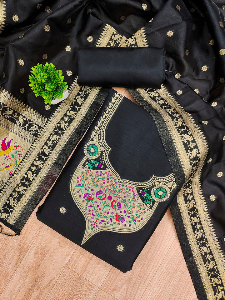 Black Pure Soft Banarasi Silk Woven Design Unstitched Dress Material