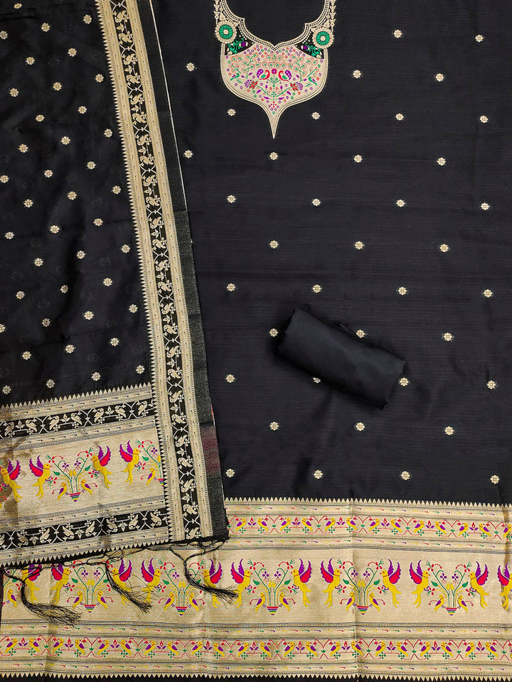 Black Pure Soft Banarasi Silk Woven Design Unstitched Dress Material