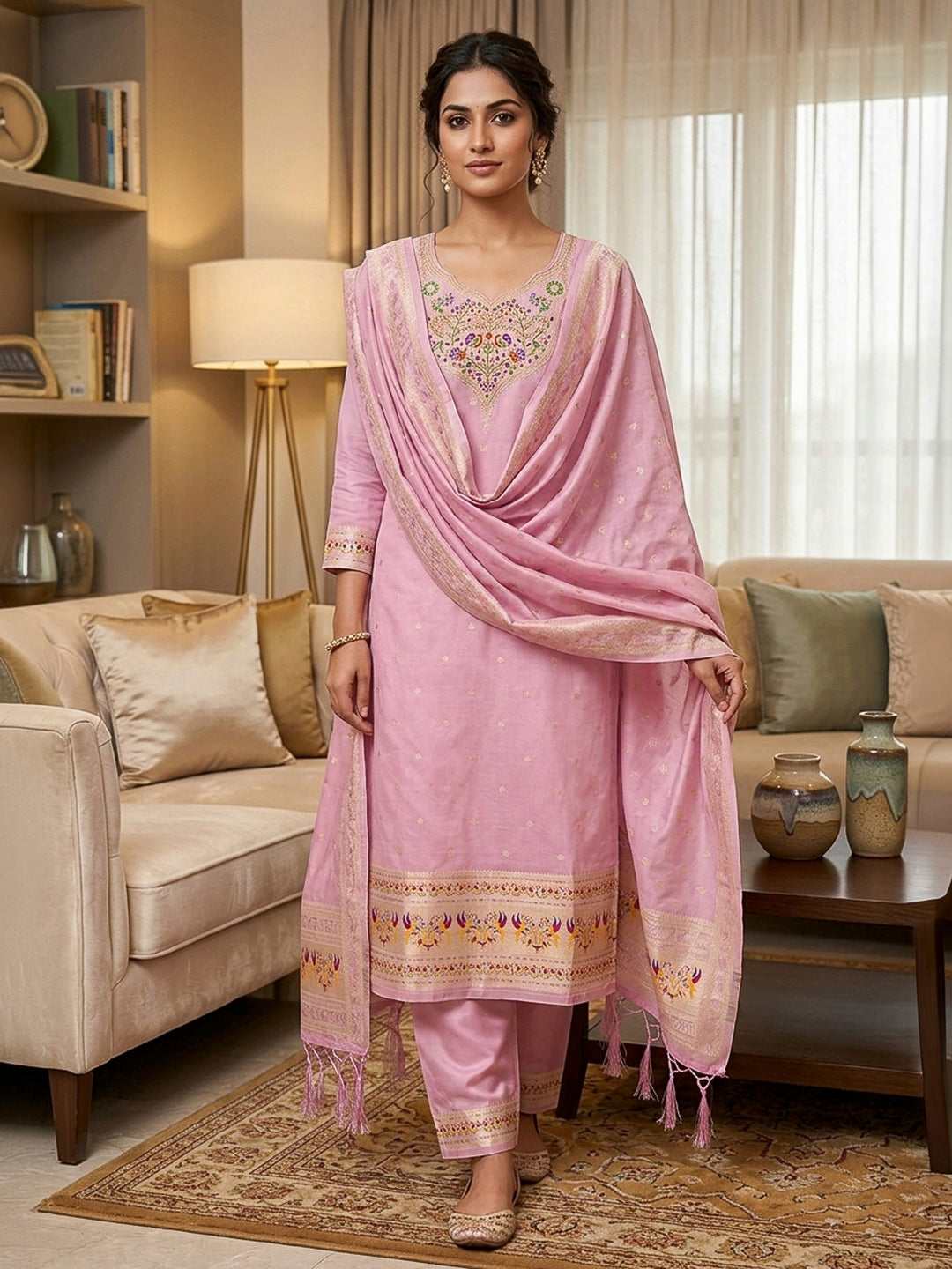 Pink-Lt Pure Soft Banarasi Silk Woven Design Unstitched Dress Material