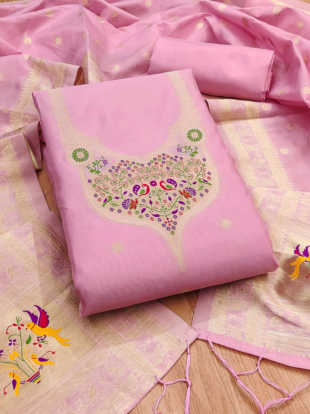 Pink-Lt Pure Soft Banarasi Silk Woven Design Unstitched Dress Material