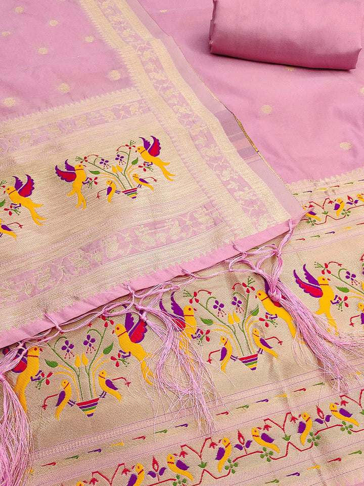 Pink-Lt Pure Soft Banarasi Silk Woven Design Unstitched Dress Material