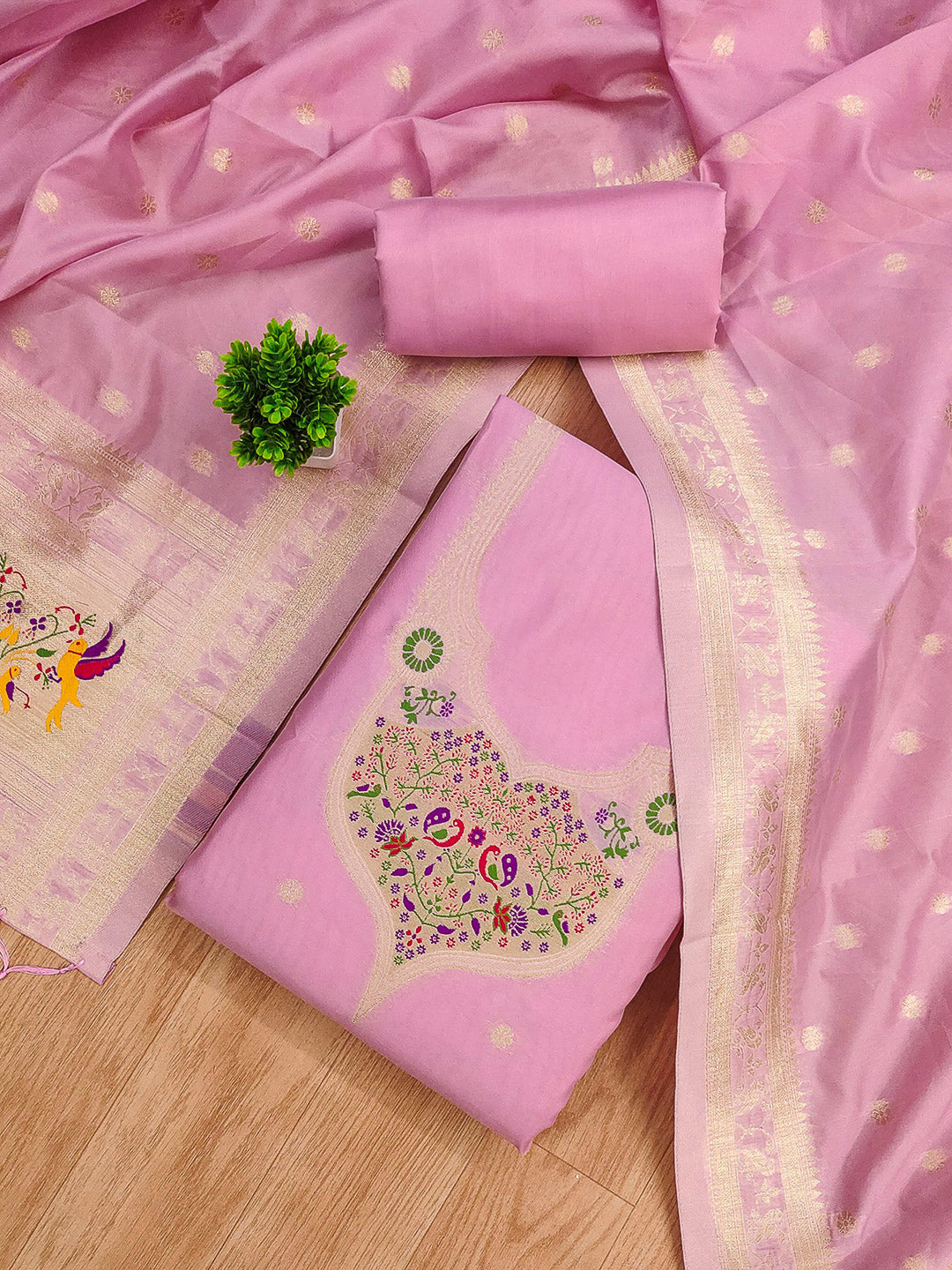 Pink-Lt Pure Soft Banarasi Silk Woven Design Unstitched Dress Material