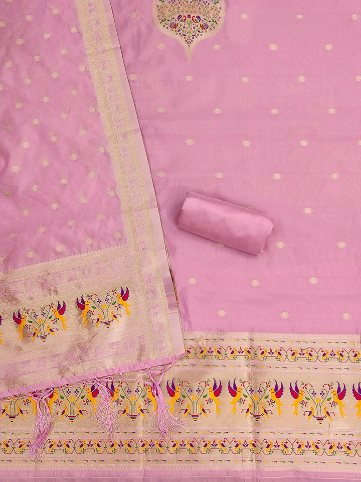 Pink-Lt Pure Soft Banarasi Silk Woven Design Unstitched Dress Material