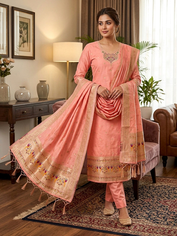 Peach Pure Soft Banarasi Silk Woven Design Unstitched Dress Material