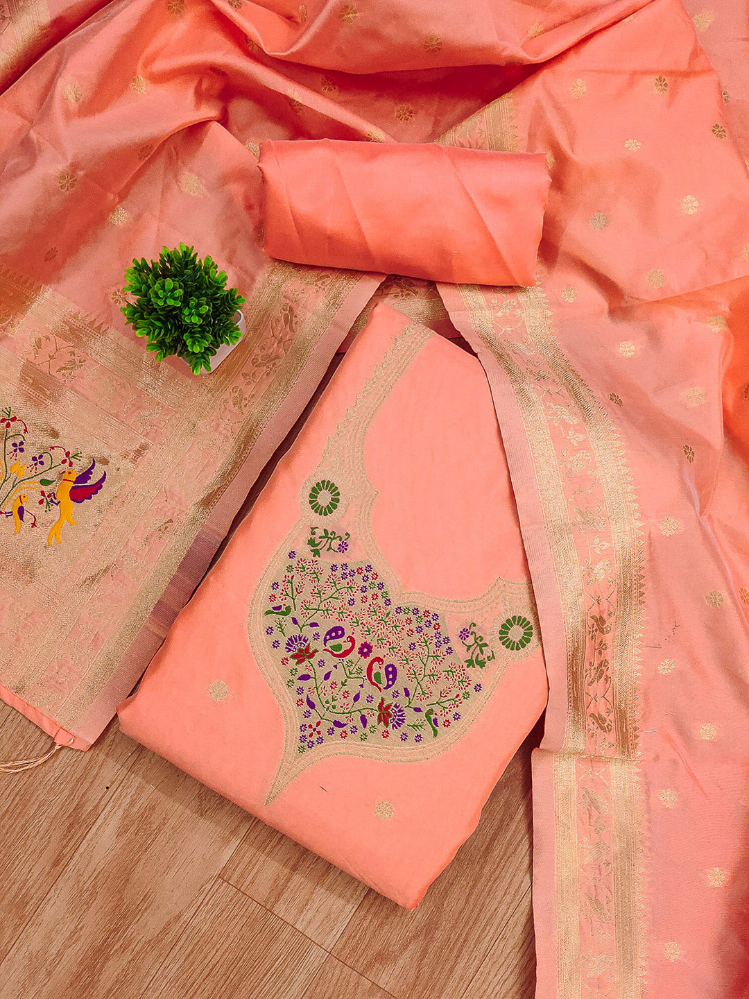 Peach Pure Soft Banarasi Silk Woven Design Unstitched Dress Material