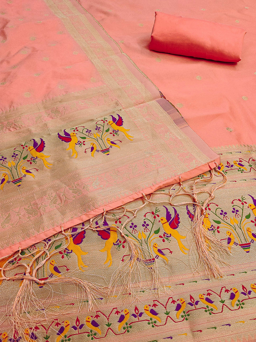 Peach Pure Soft Banarasi Silk Woven Design Unstitched Dress Material