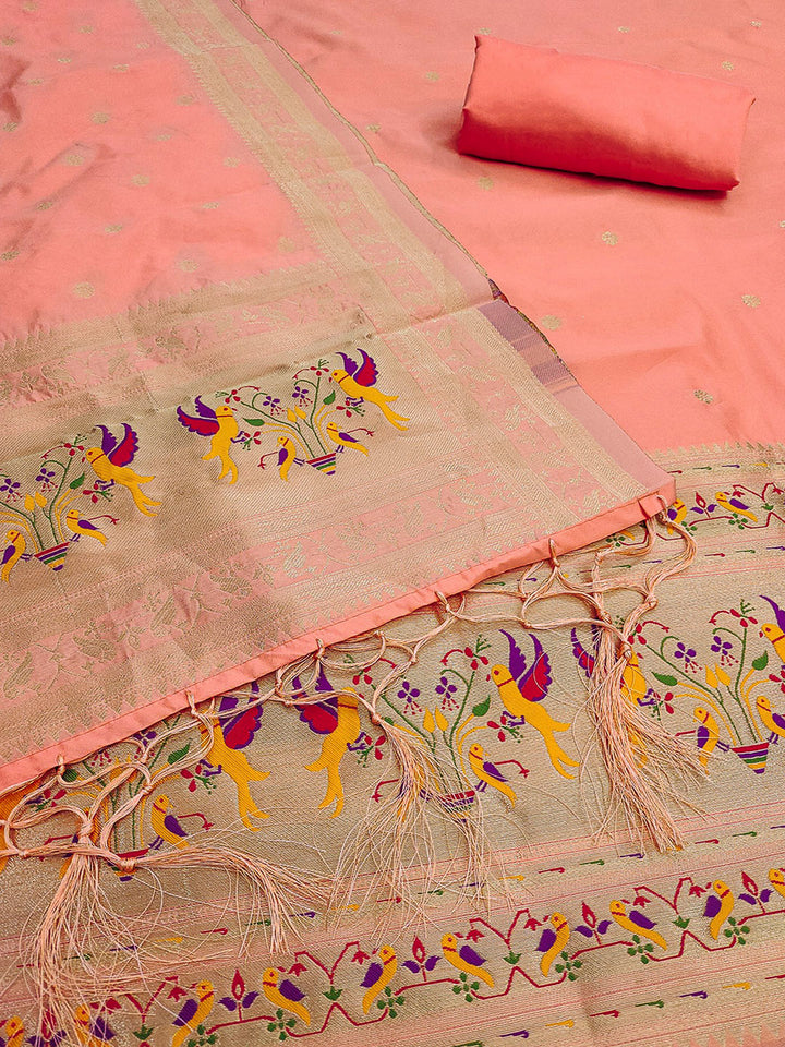 Peach Pure Soft Banarasi Silk Woven Design Unstitched Dress Material