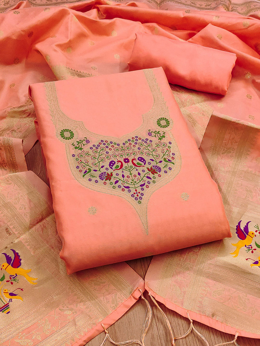 Peach Pure Soft Banarasi Silk Woven Design Unstitched Dress Material