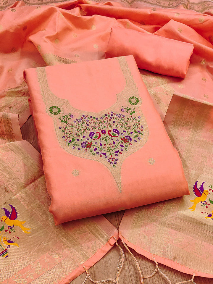 Peach Pure Soft Banarasi Silk Woven Design Unstitched Dress Material