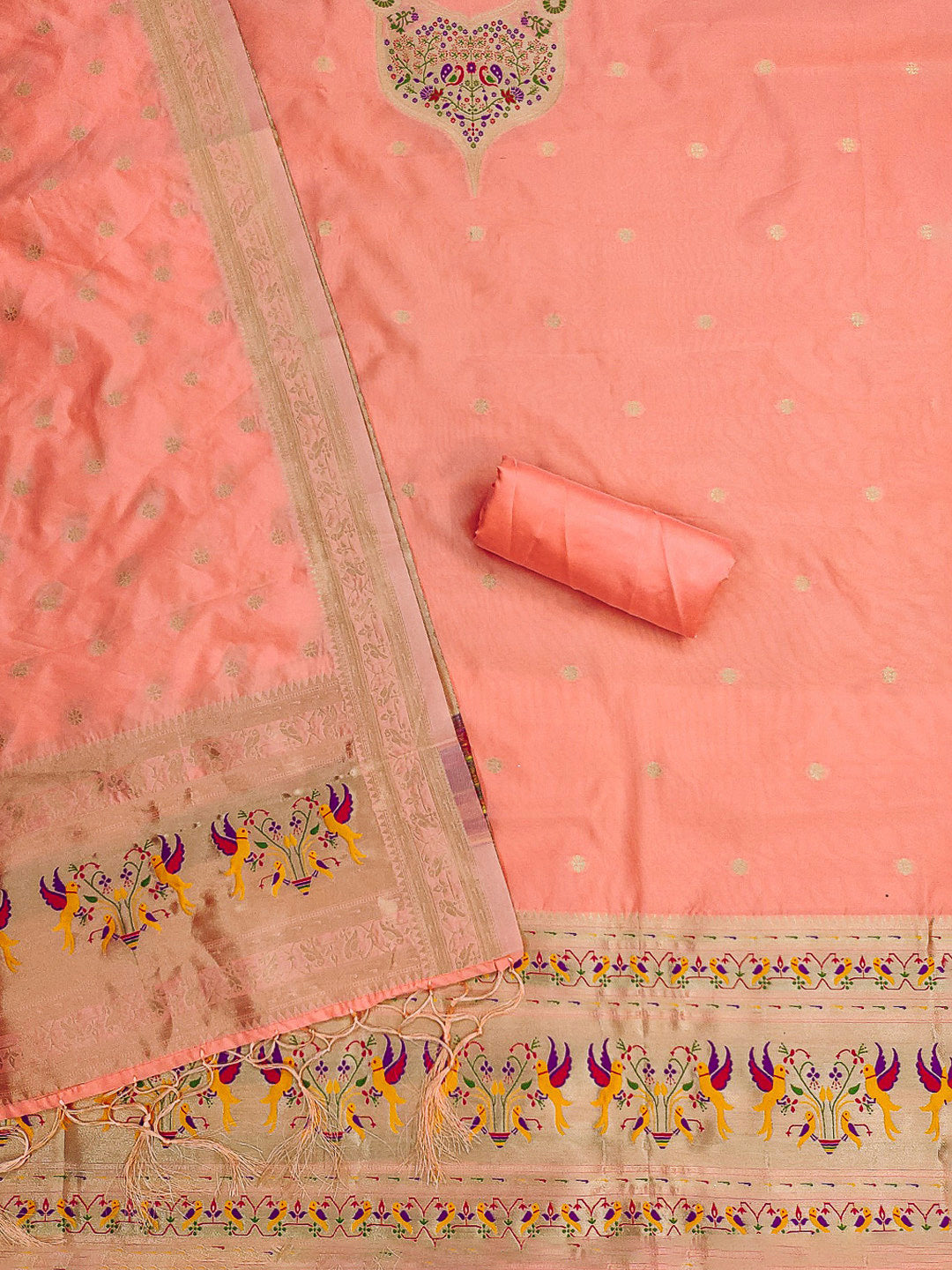 Peach Pure Soft Banarasi Silk Woven Design Unstitched Dress Material