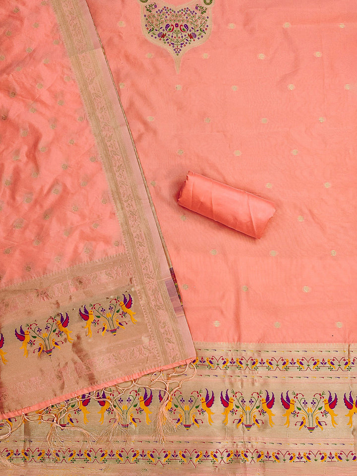 Peach Pure Soft Banarasi Silk Woven Design Unstitched Dress Material