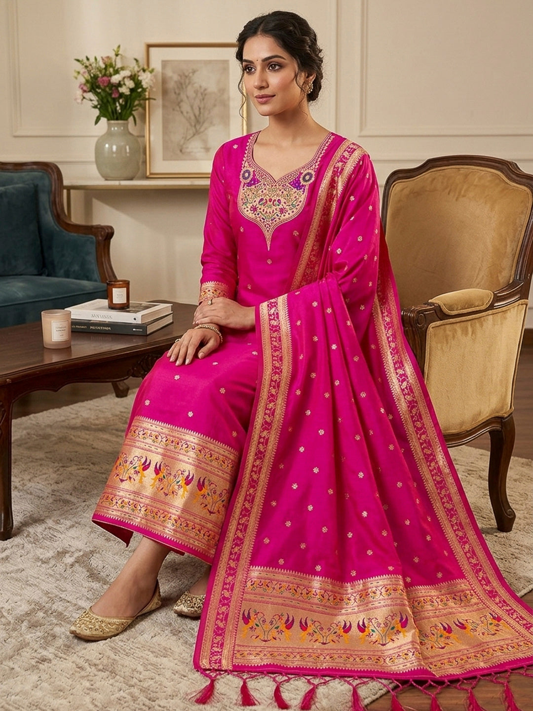 Pink Pure Soft Banarasi Silk Woven Design Unstitched Dress Material
