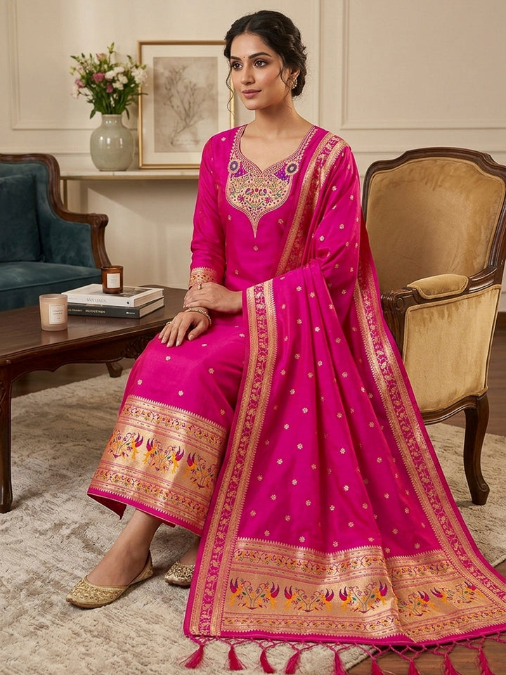 Pink Pure Soft Banarasi Silk Woven Design Unstitched Dress Material