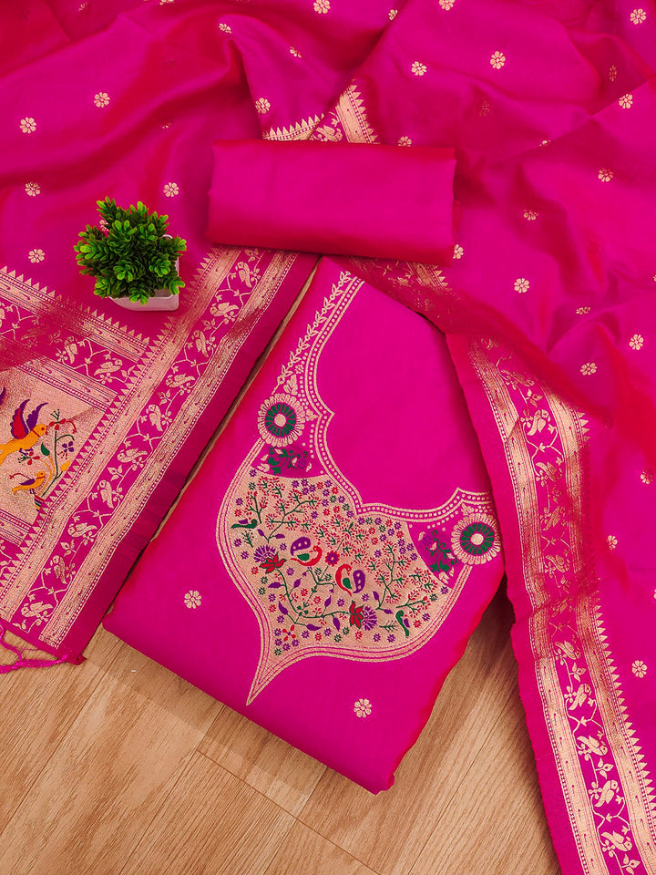 Pink Pure Soft Banarasi Silk Woven Design Unstitched Dress Material