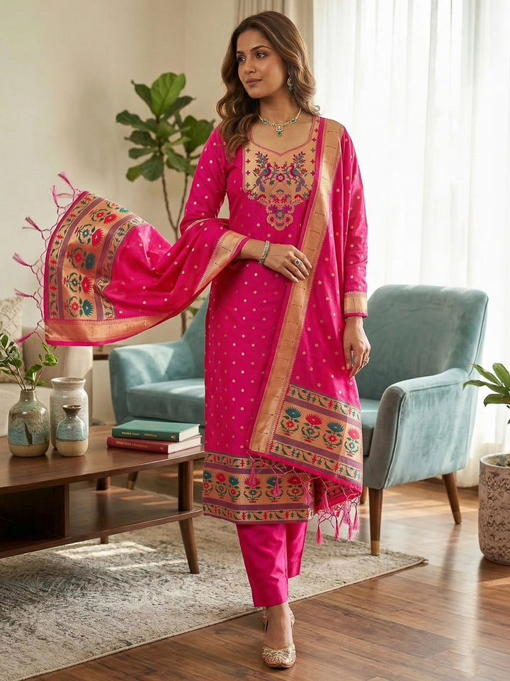 Pink Pure Soft Banarasi Silk Woven Design Unstitched Dress Material