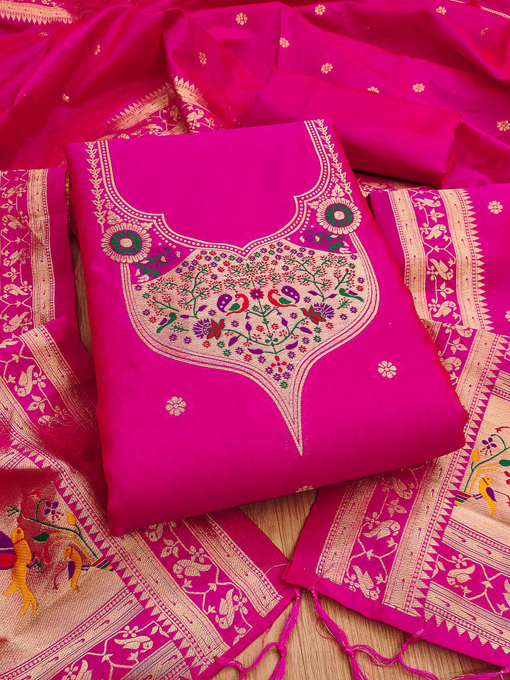 Pink Pure Soft Banarasi Silk Woven Design Unstitched Dress Material