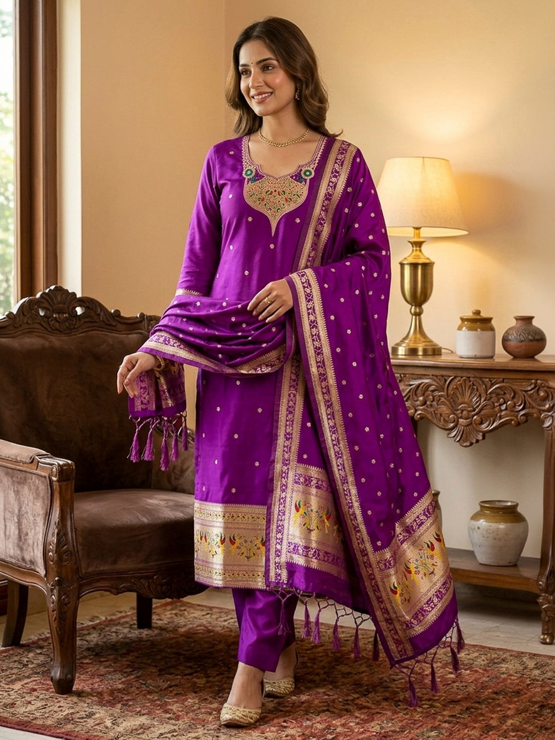Purple Pure Soft Banarasi Silk Woven Design Unstitched Dress Material