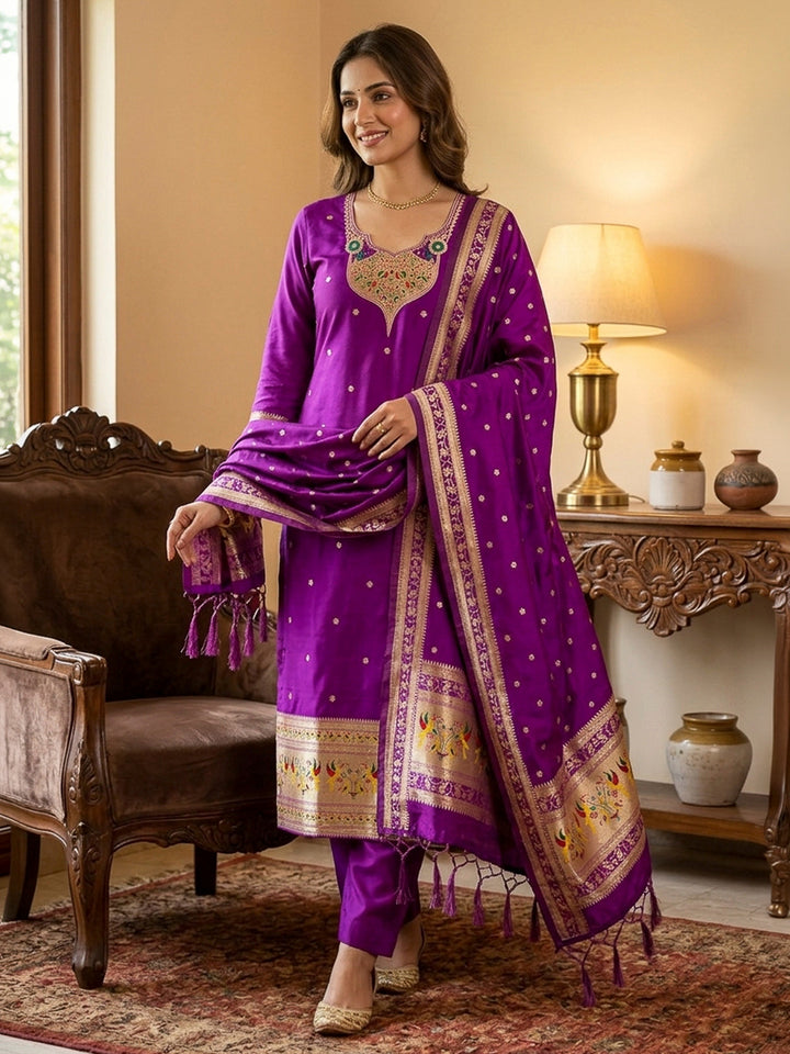 Purple Pure Soft Banarasi Silk Woven Design Unstitched Dress Material