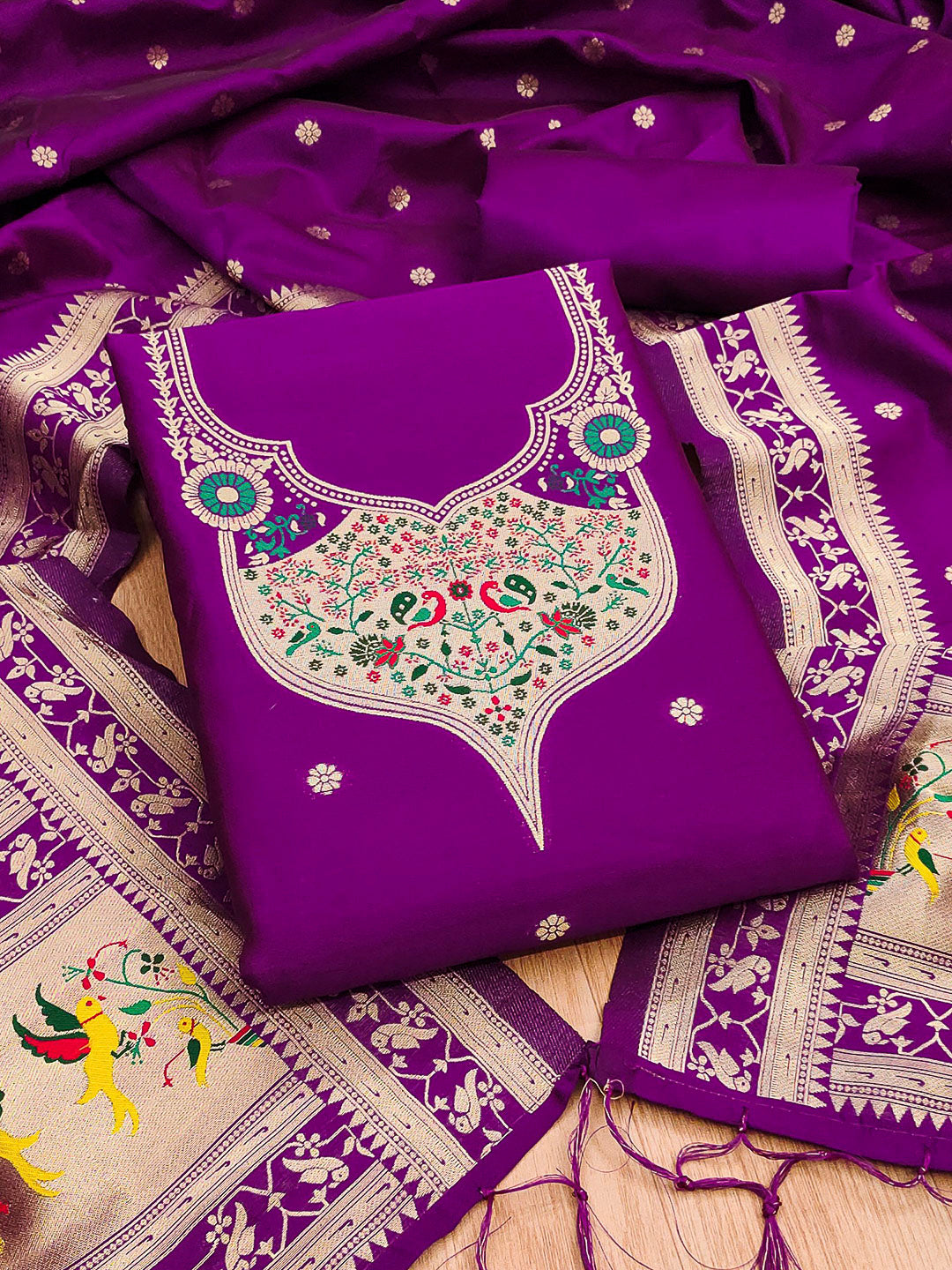Purple Pure Soft Banarasi Silk Woven Design Unstitched Dress Material
