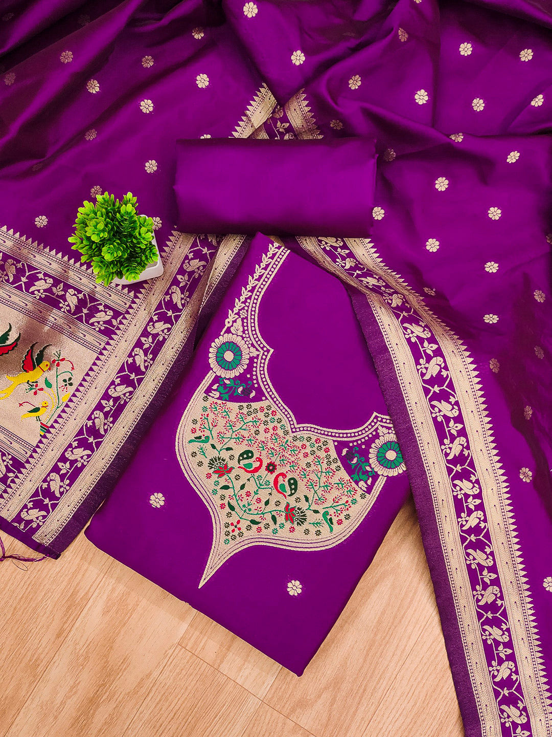 Purple Pure Soft Banarasi Silk Woven Design Unstitched Dress Material