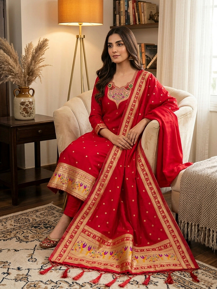 Red Pure Soft Banarasi Silk Woven Design Unstitched Dress Material