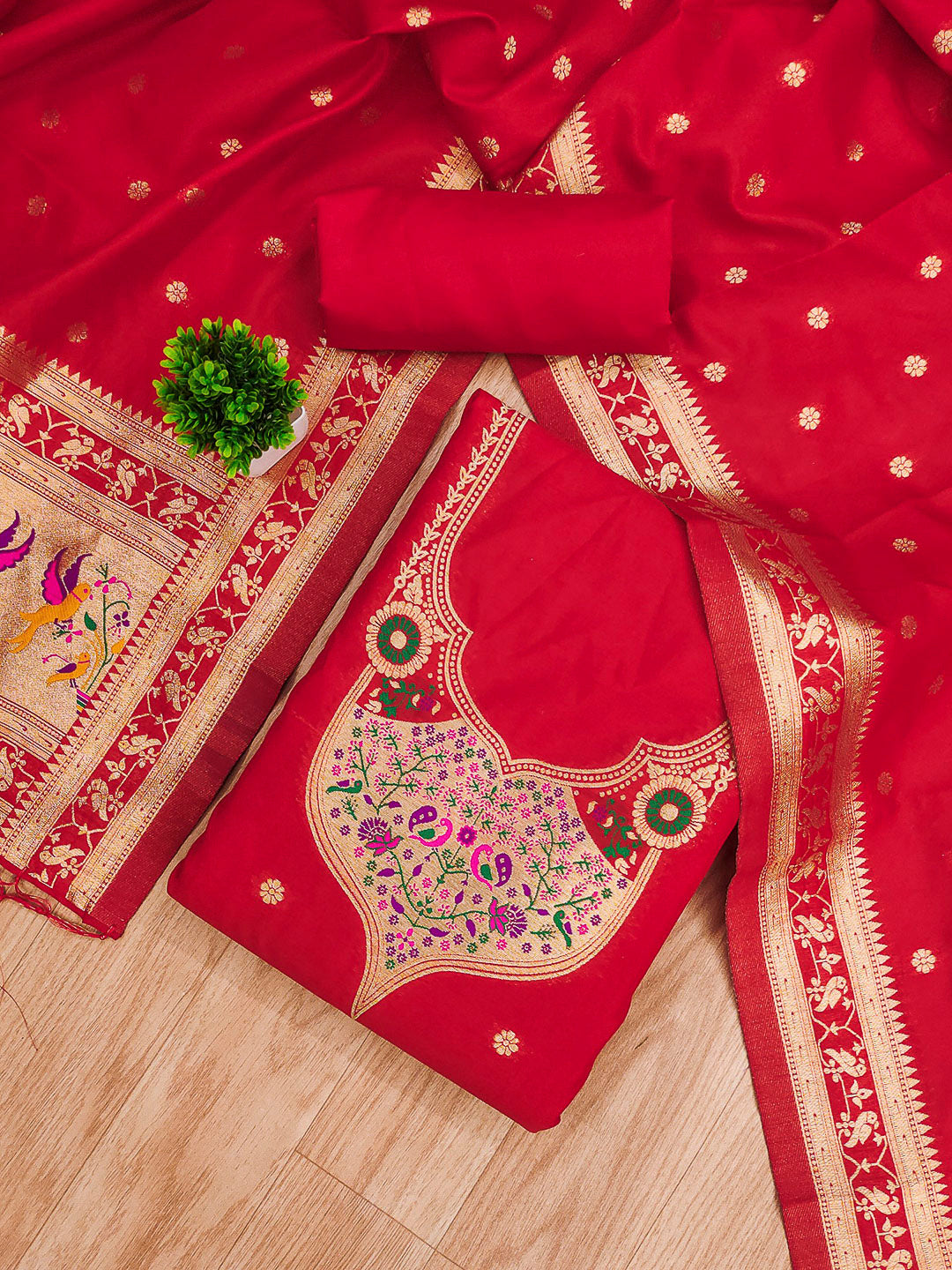Red Pure Soft Banarasi Silk Woven Design Unstitched Dress Material