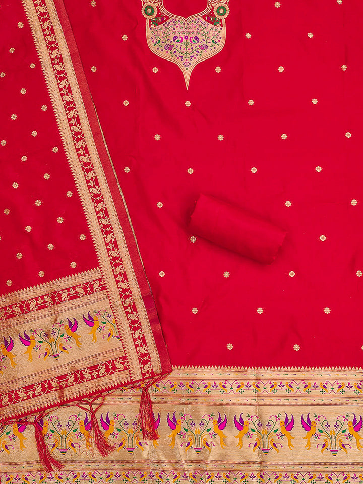 Red Pure Soft Banarasi Silk Woven Design Unstitched Dress Material