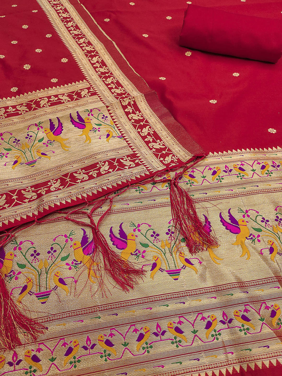 Red Pure Soft Banarasi Silk Woven Design Unstitched Dress Material