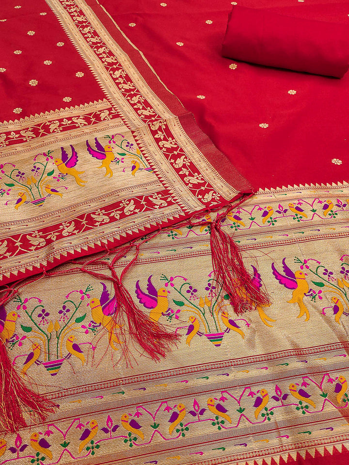 Red Pure Soft Banarasi Silk Woven Design Unstitched Dress Material
