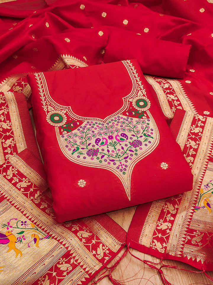 Red Pure Soft Banarasi Silk Woven Design Unstitched Dress Material