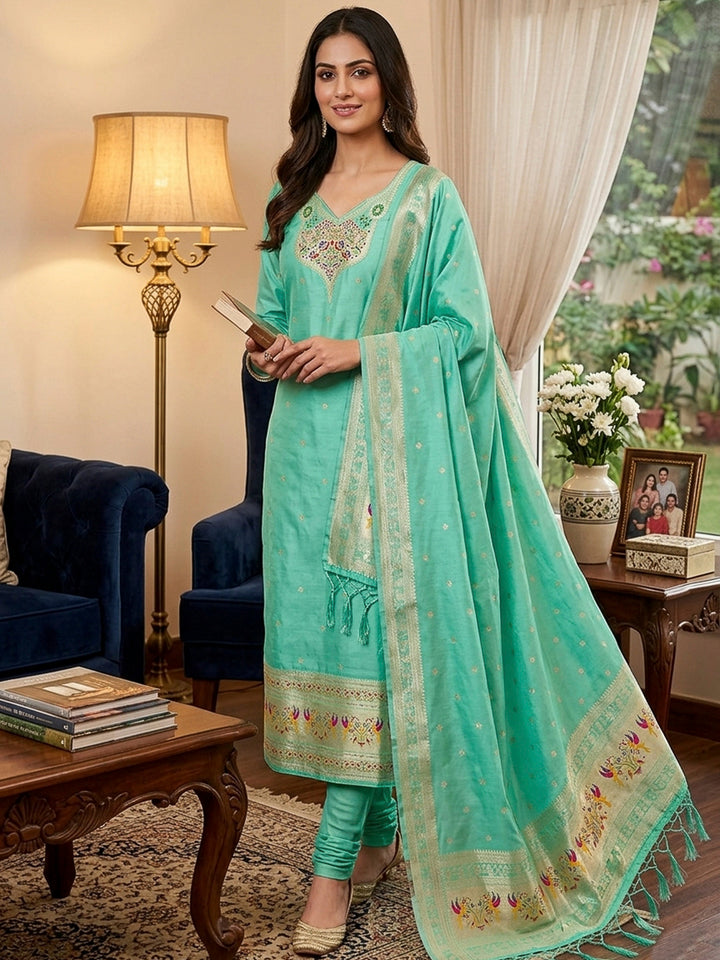 Sea-Green Pure Soft Banarasi Silk Woven Design Unstitched Dress Material