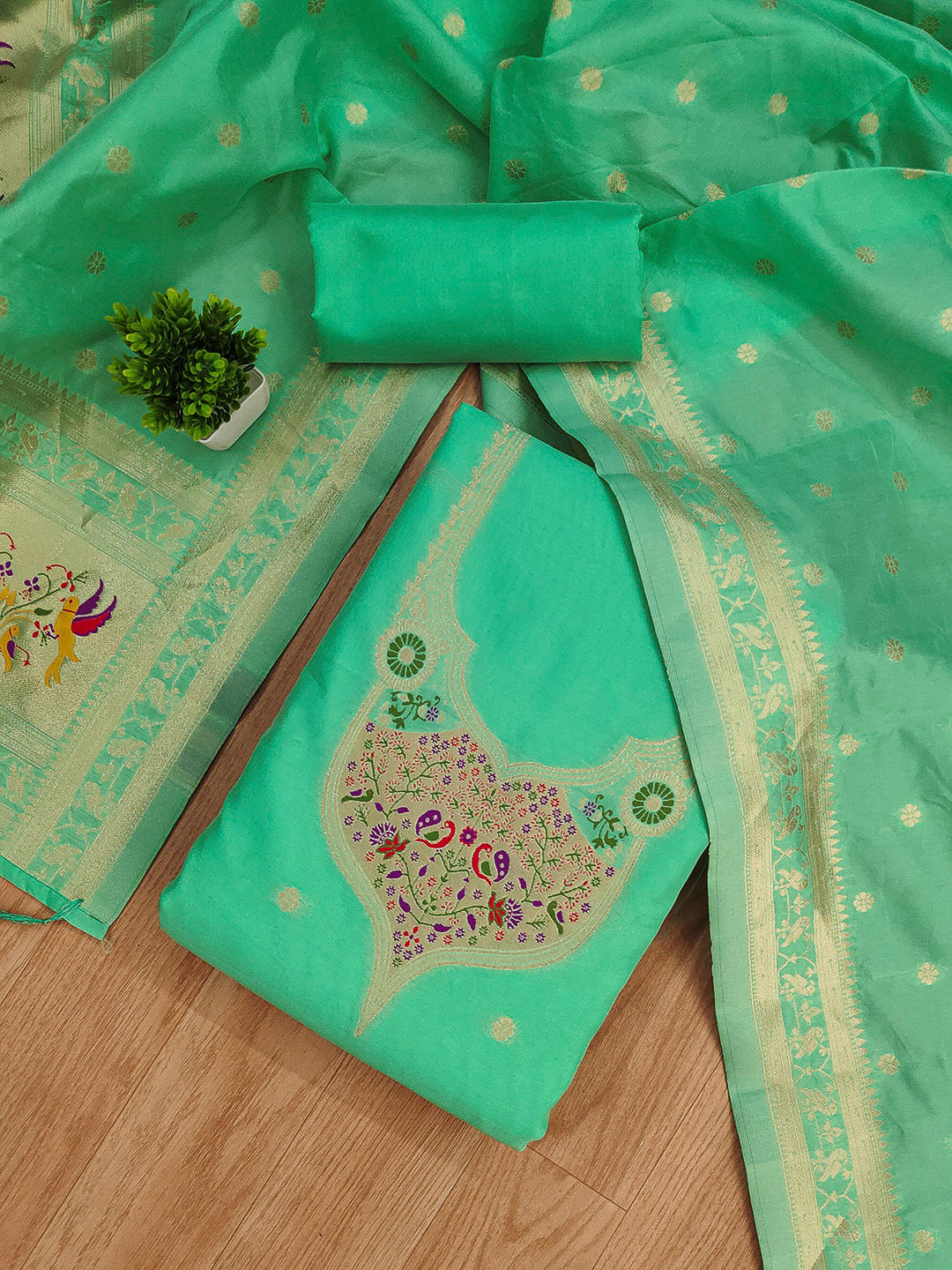 Sea-Green Pure Soft Banarasi Silk Woven Design Unstitched Dress Material