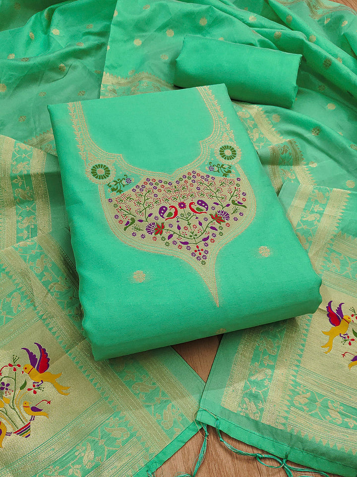 Sea-Green Pure Soft Banarasi Silk Woven Design Unstitched Dress Material