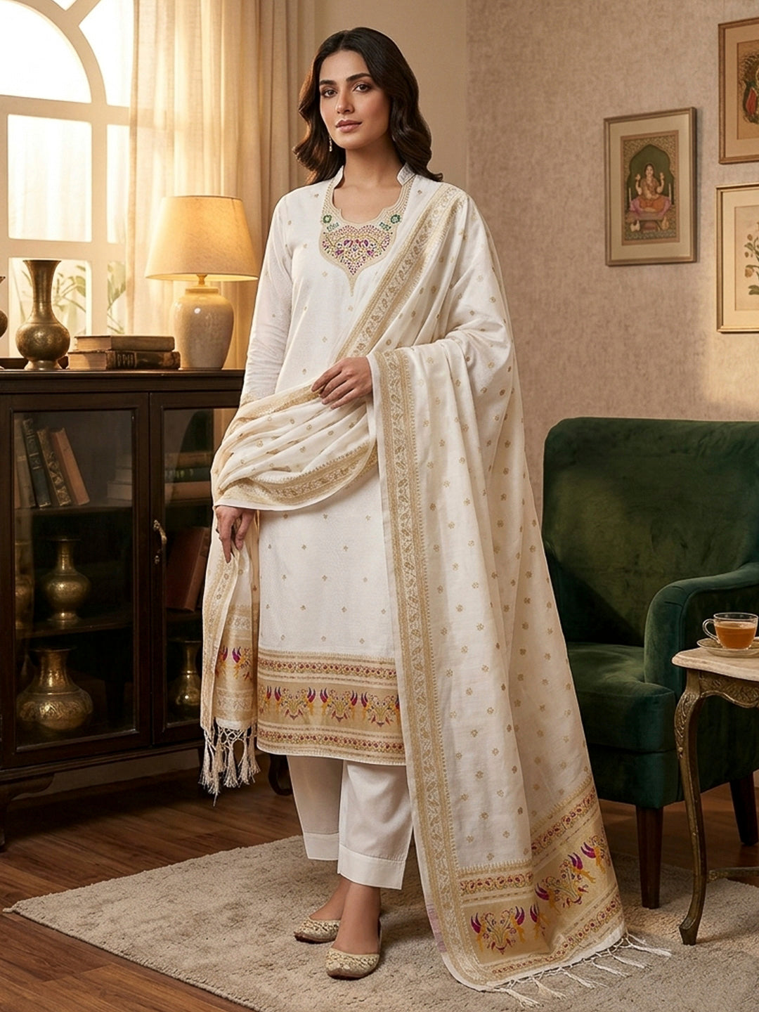 White Pure Soft Banarasi Silk Woven Design Unstitched Dress Material