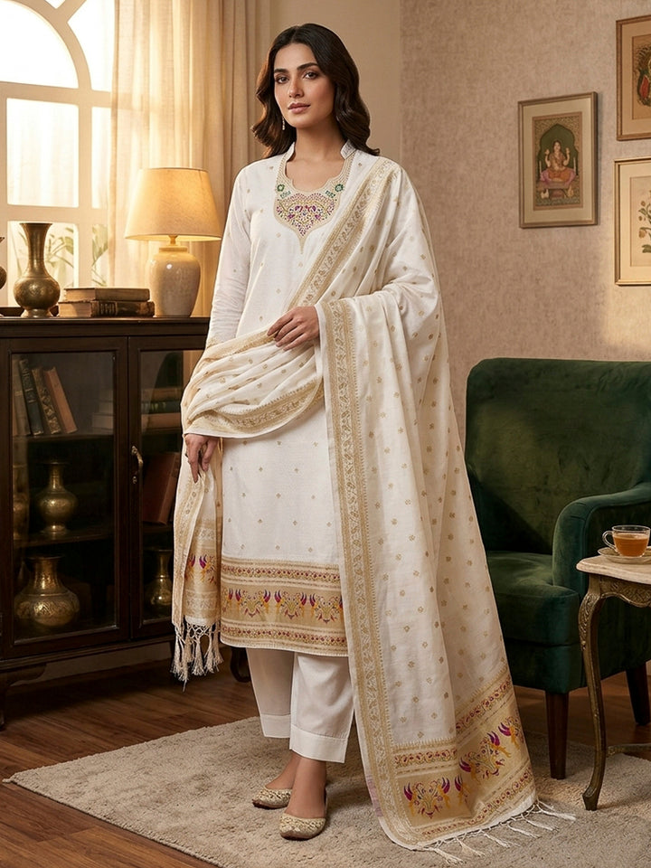 White Pure Soft Banarasi Silk Woven Design Unstitched Dress Material
