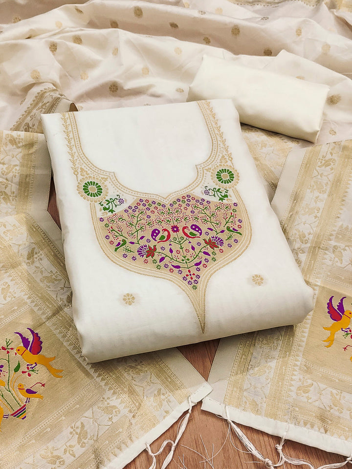 White Pure Soft Banarasi Silk Woven Design Unstitched Dress Material