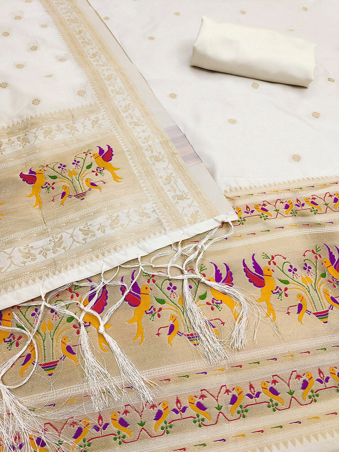 White Pure Soft Banarasi Silk Woven Design Unstitched Dress Material